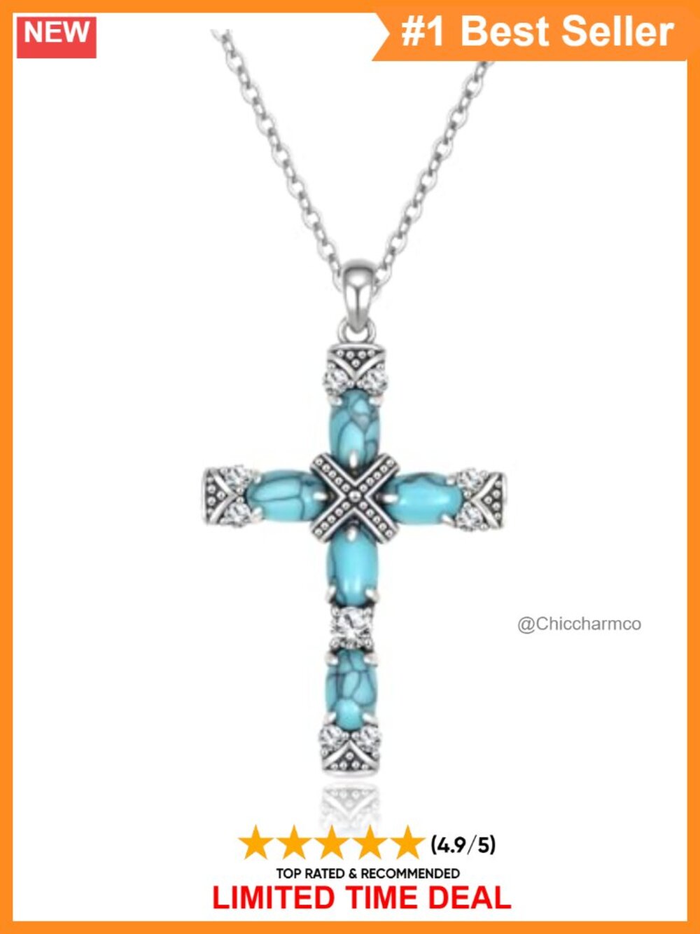 Sterling Silver Turquoise Cross Pendant Necklace 45cm Cable Chain